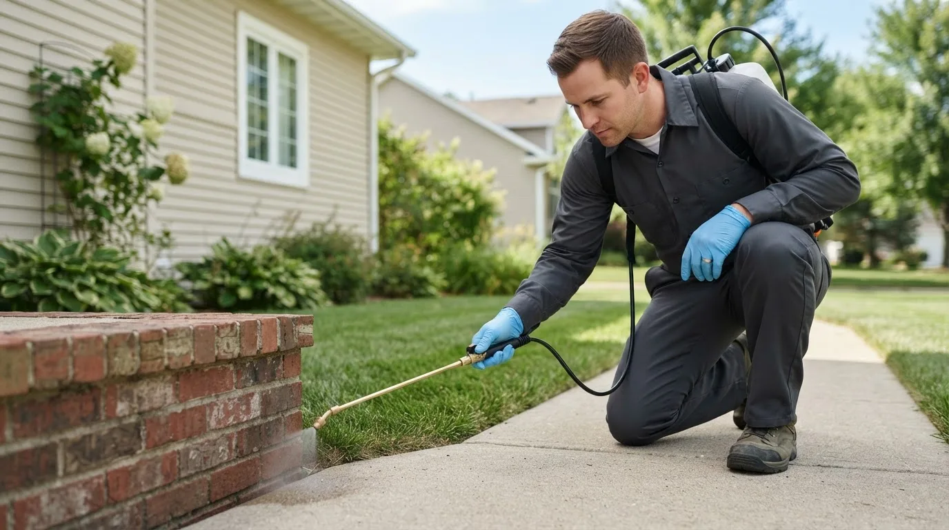 Pest control technician treating a home near Bowling Green, OH