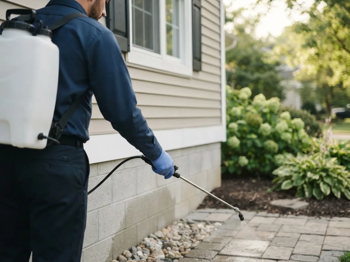 Pest control technician inspecting a home in Bowling Green, OH